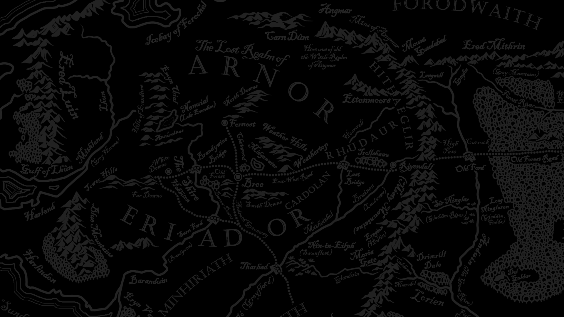 A portion of a stylized map of Middle-earth, gray writing on a black background.